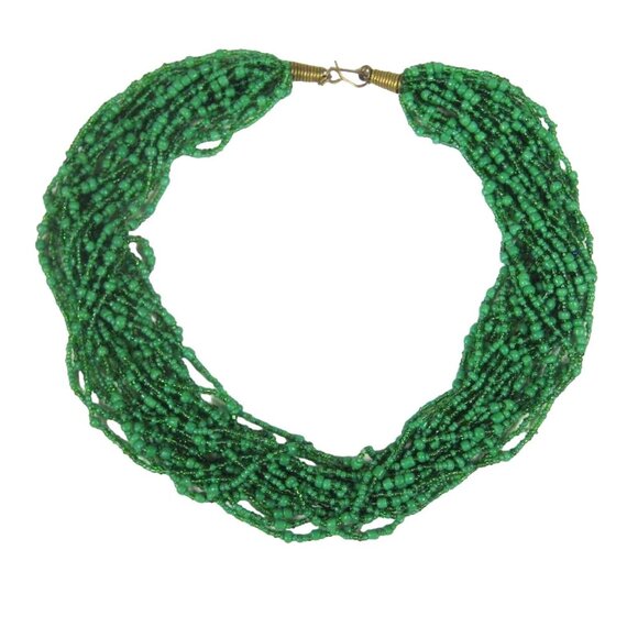 Necklace Glass Beaded Jewelry 22 inch  20 Strands Green Beads Statement - Picture 1 of 12